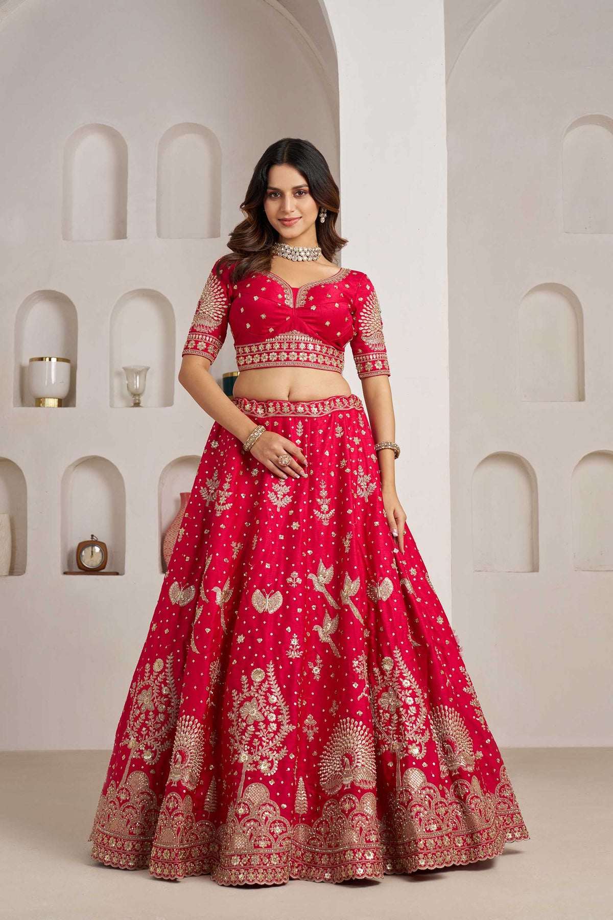 Rani Pink Silk Heavy Pearl & Thread Embroidered Bridal Lehenga
