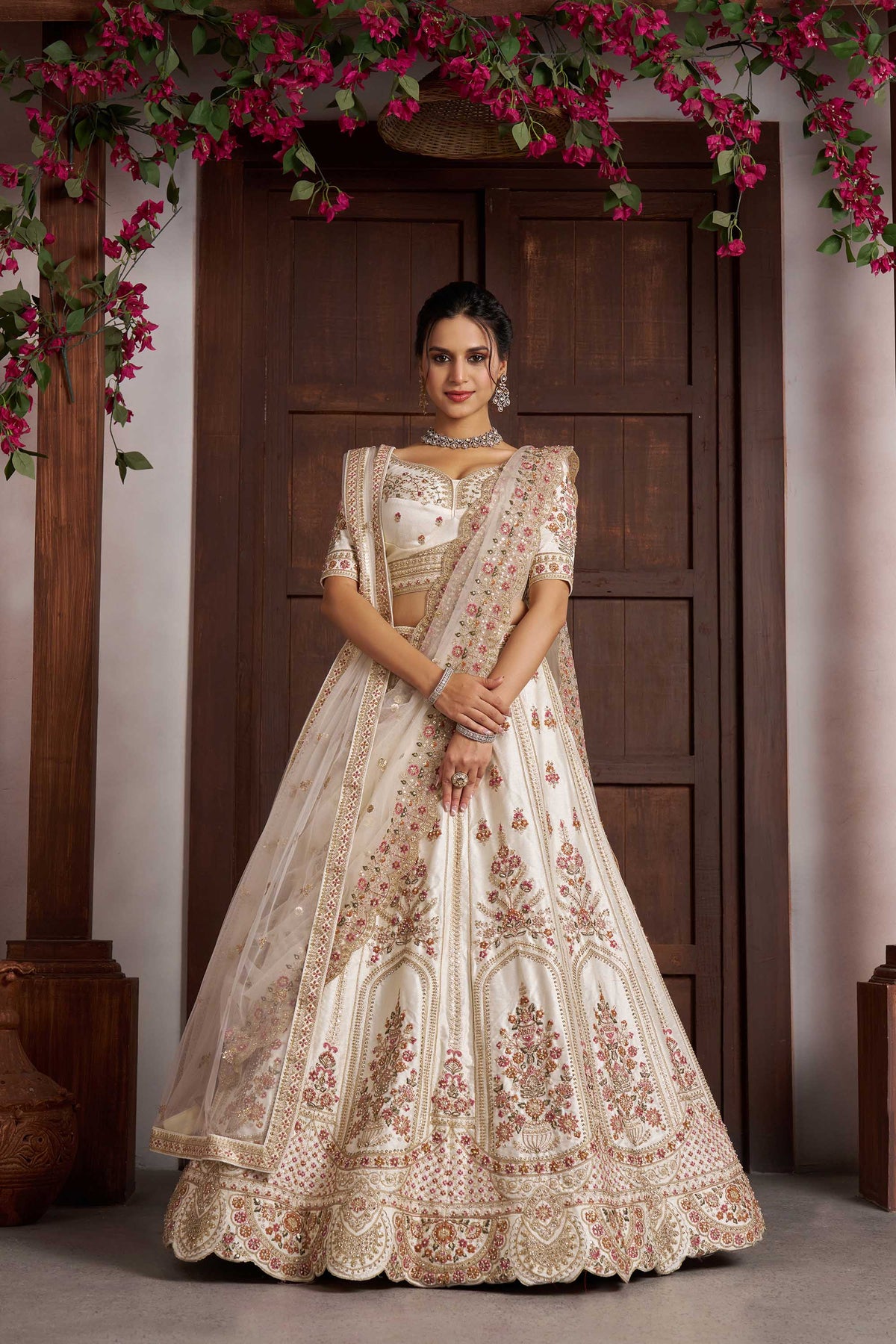 White Silk Zari & Sequins Embroidered Bridal Lehenga