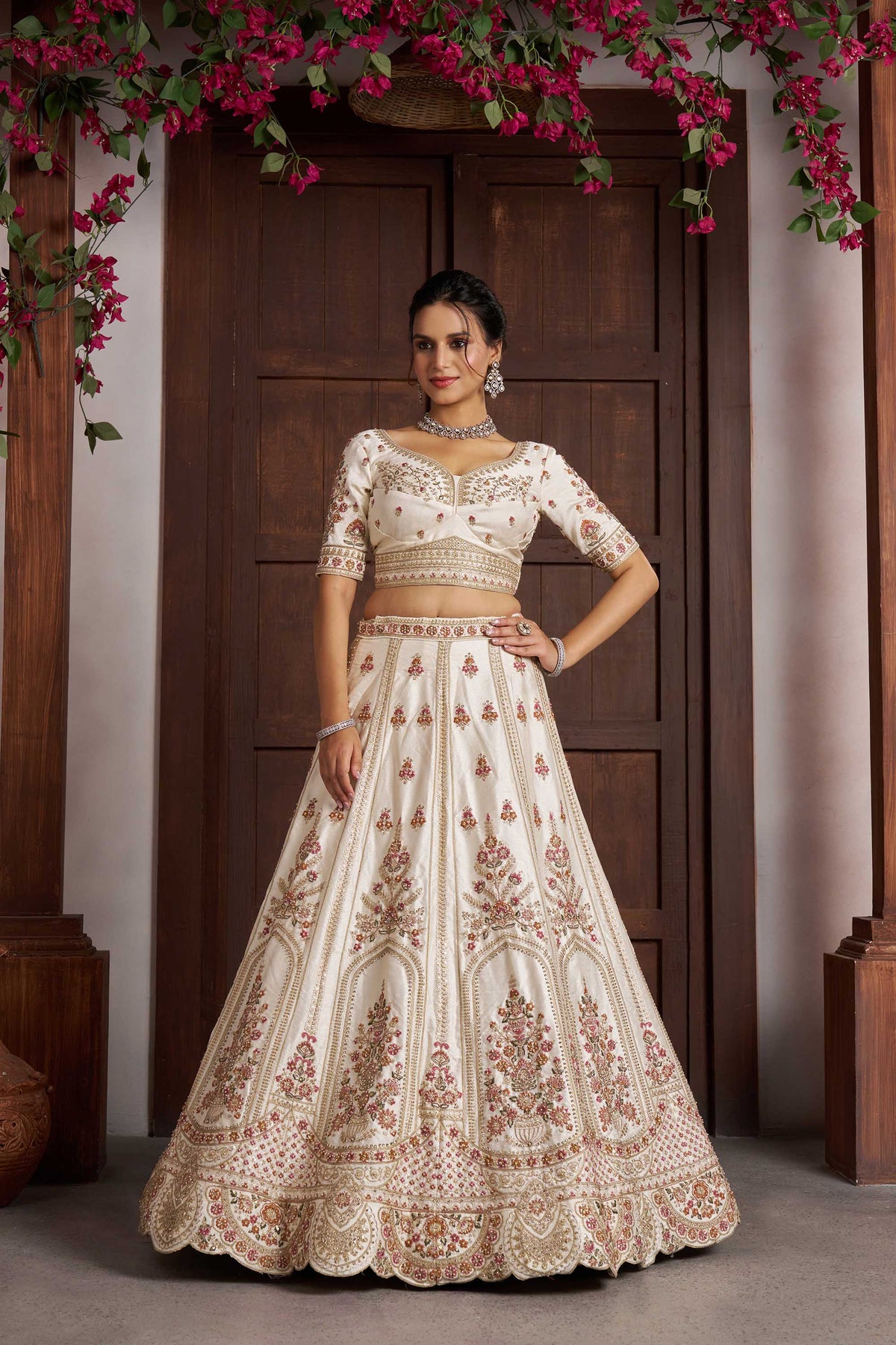 White Silk Zari & Sequins Embroidered Bridal Lehenga