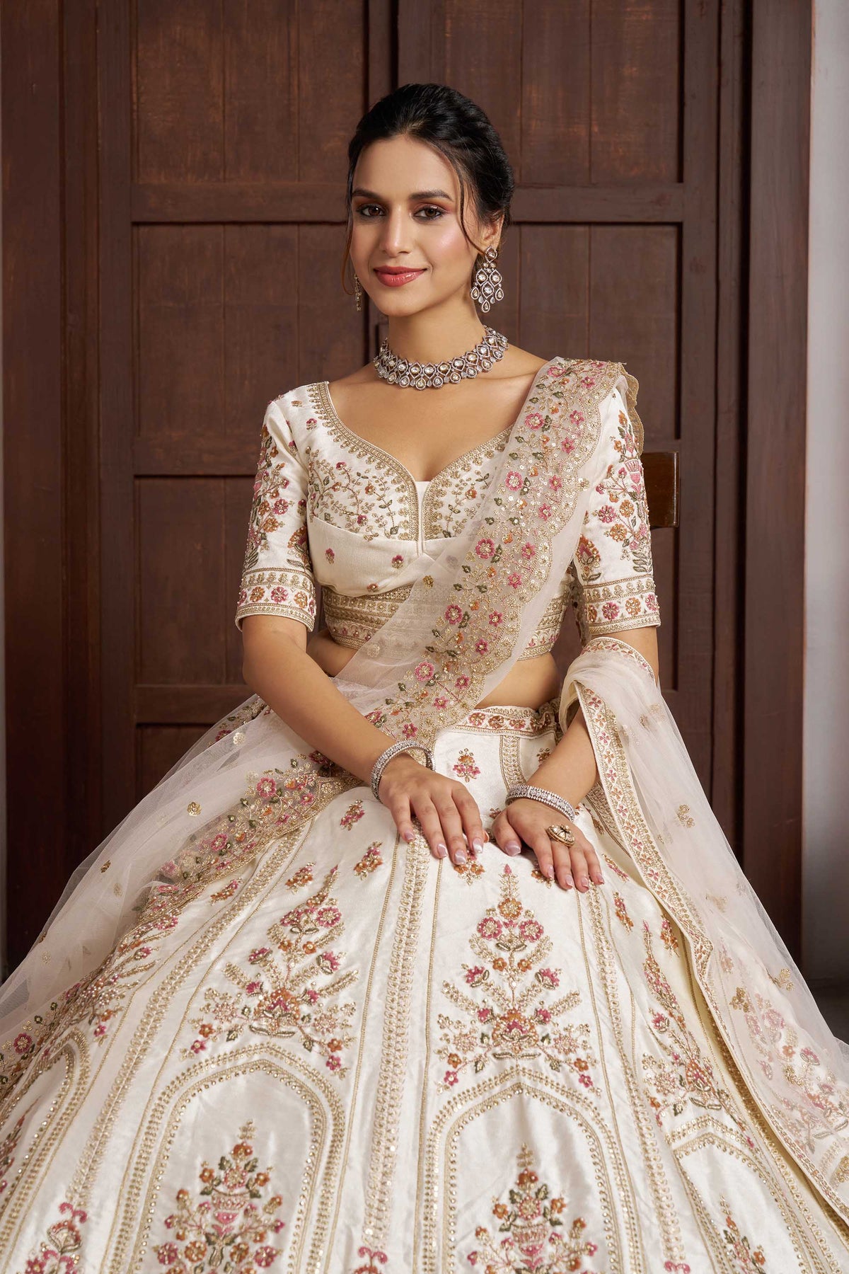 White Silk Zari & Sequins Embroidered Bridal Lehenga
