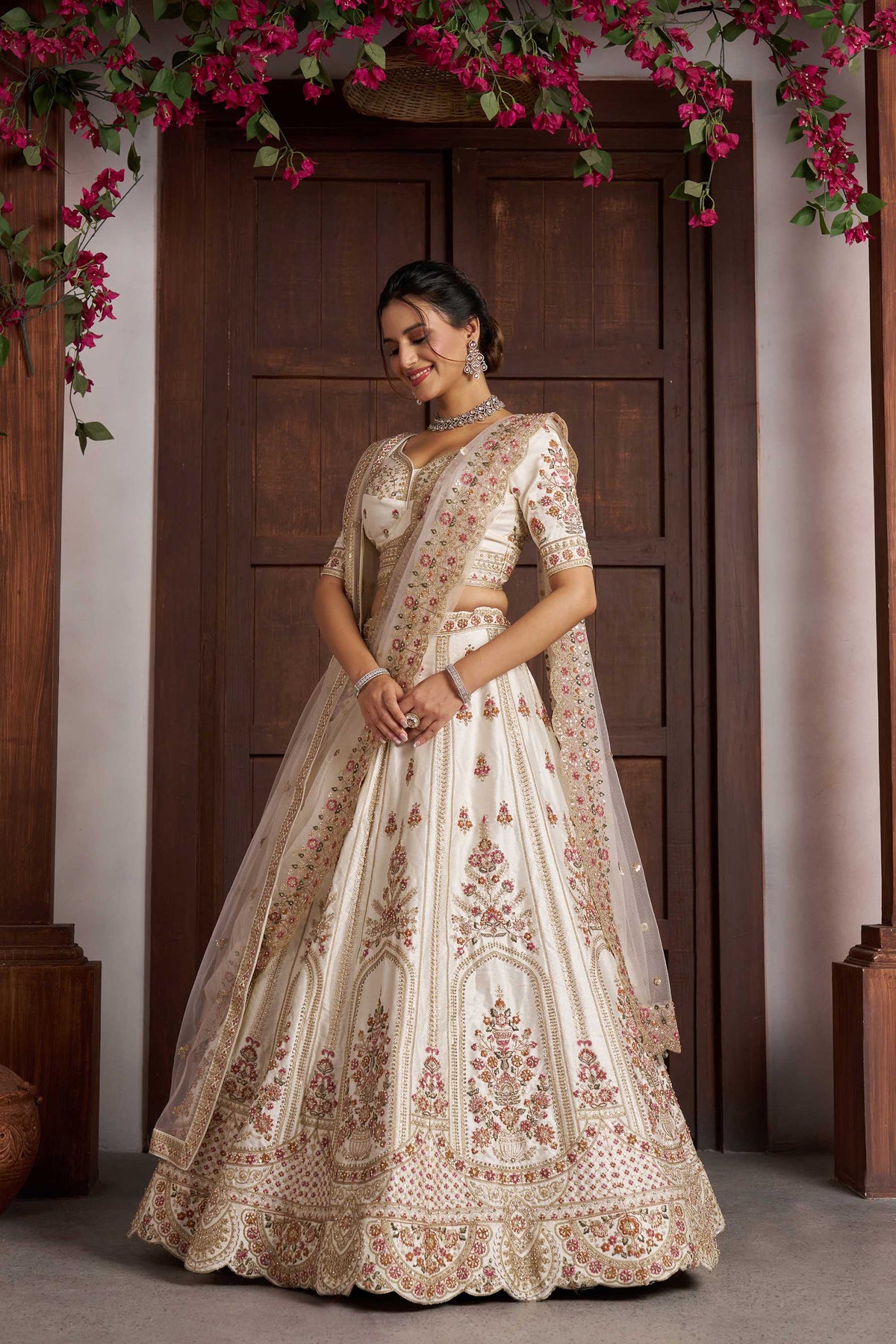 White Silk Zari & Sequins Embroidered Bridal Lehenga
