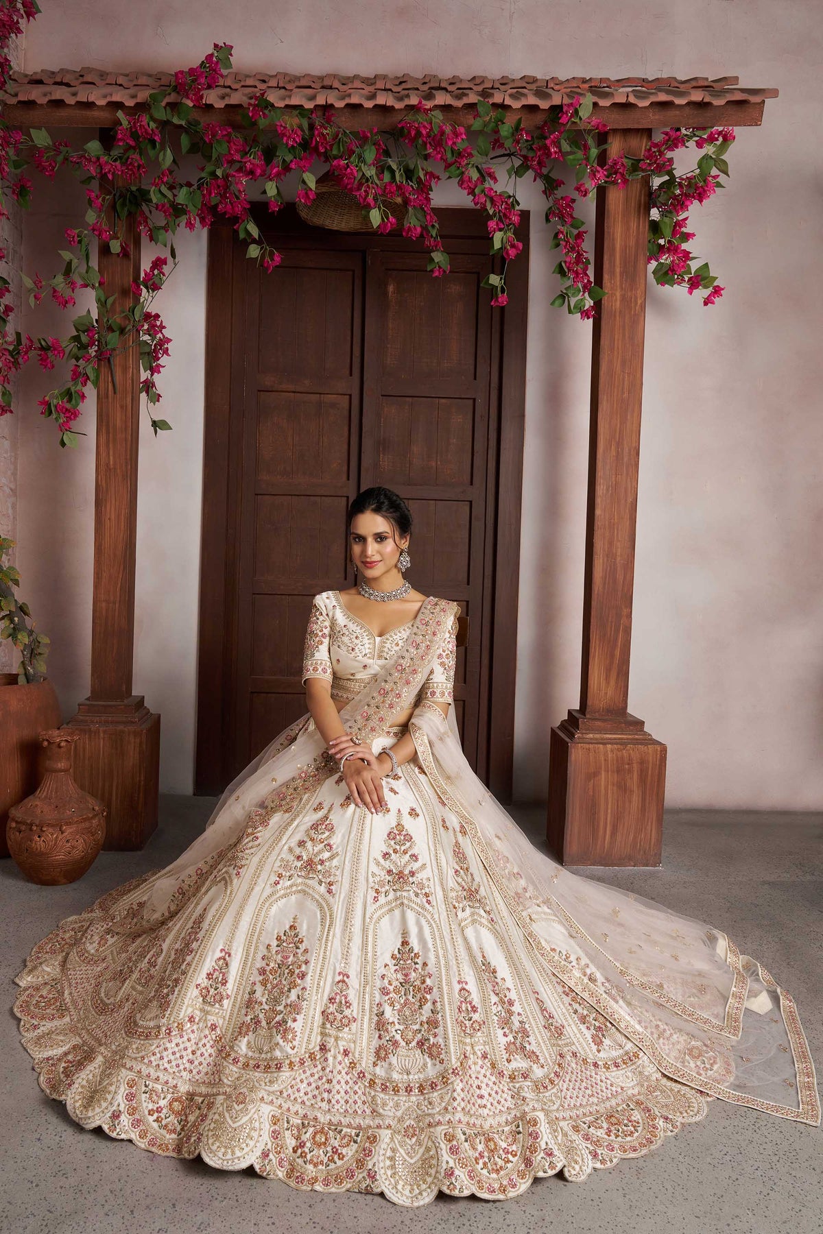 White Silk Zari & Sequins Embroidered Bridal Lehenga