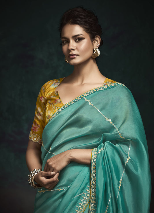 Teal Green Sequins Embroidered Festive Rangat Saree