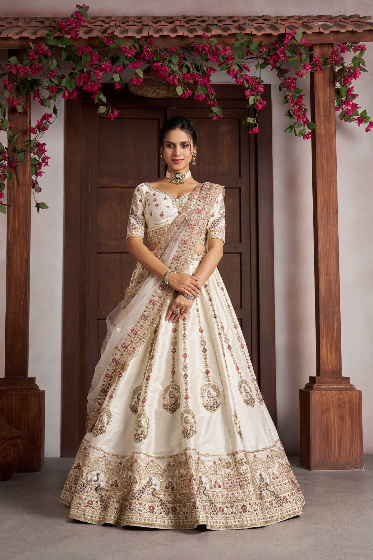 White Silk Peacock Embroidered Wedding Lehenga