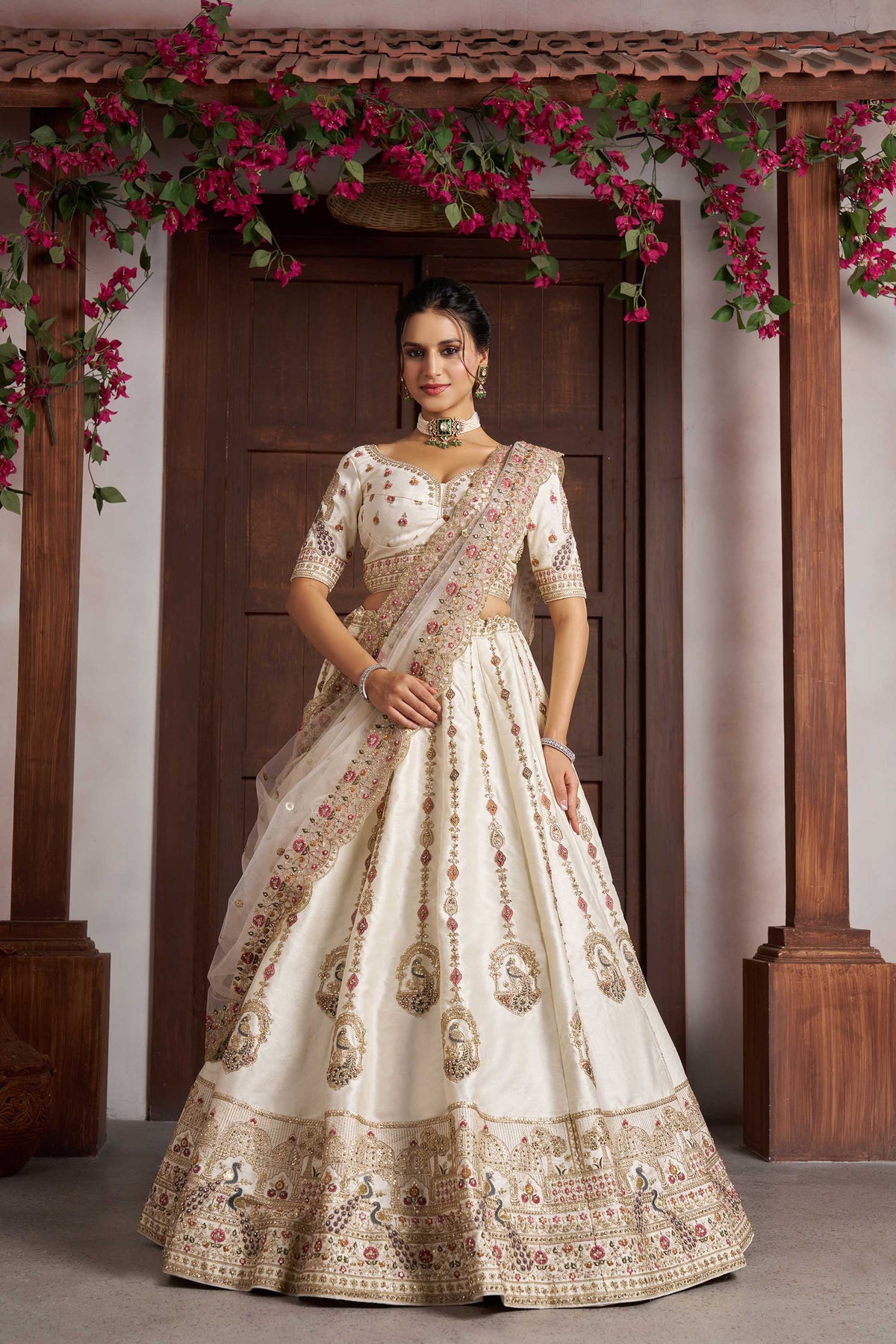 White Silk Peacock Embroidered Wedding Lehenga
