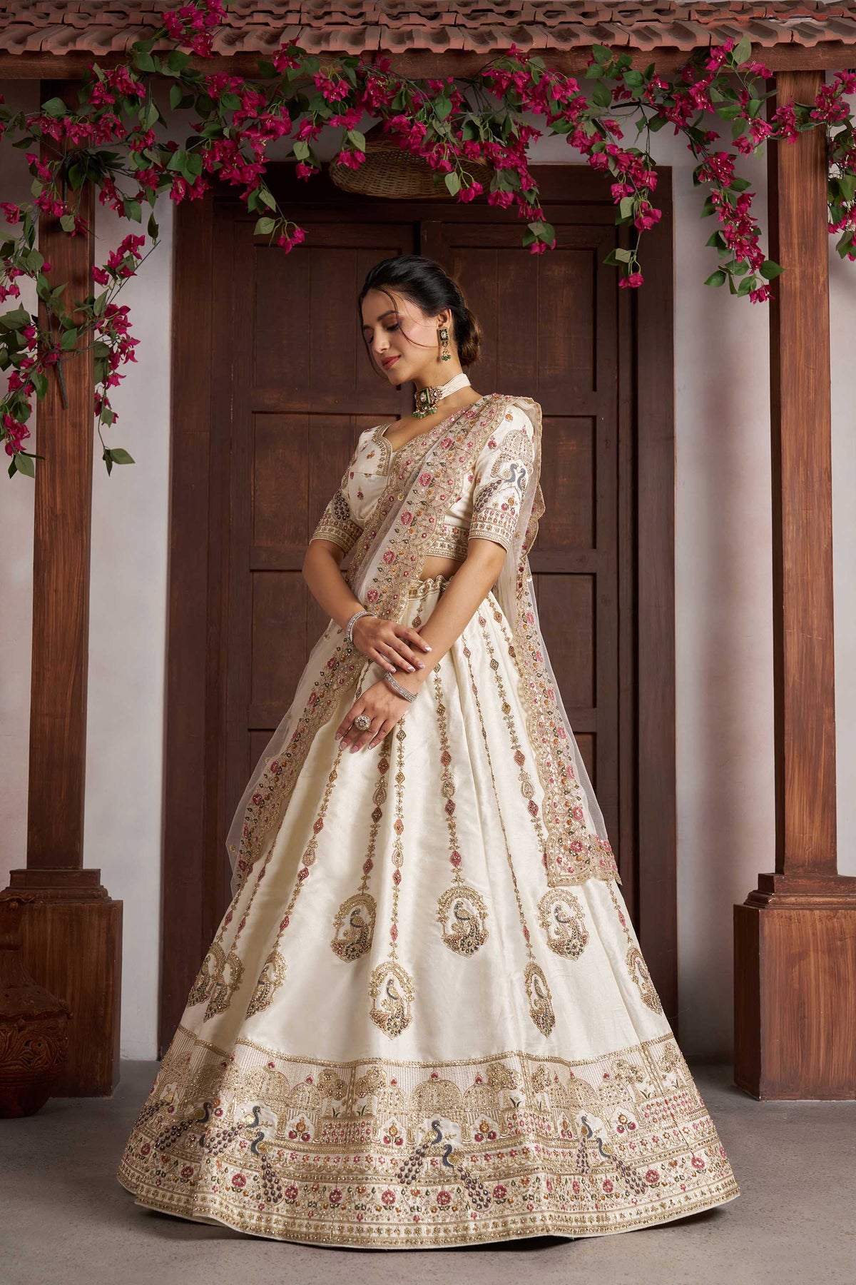 White Silk Peacock Embroidered Wedding Lehenga