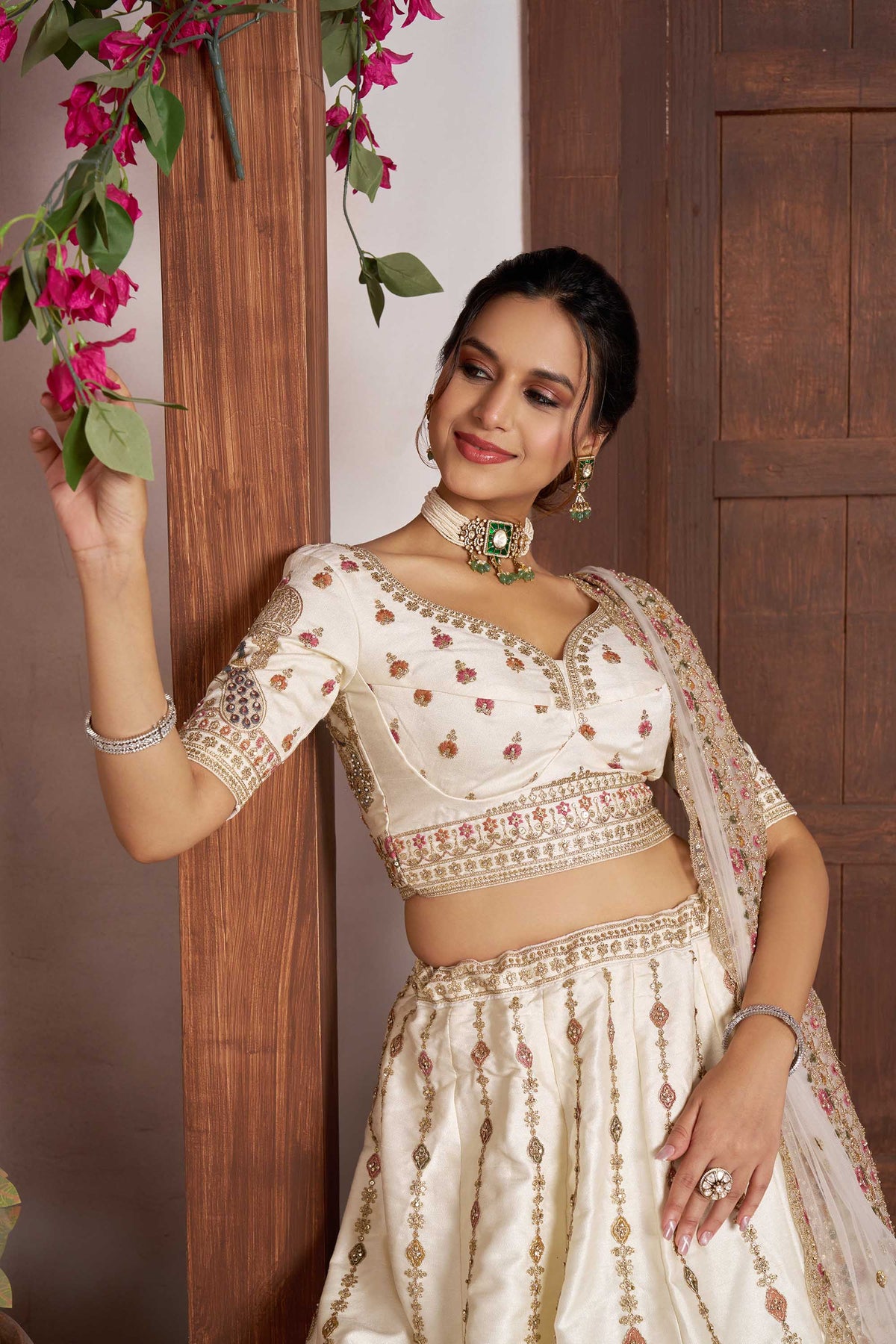 White Silk Peacock Embroidered Wedding Lehenga