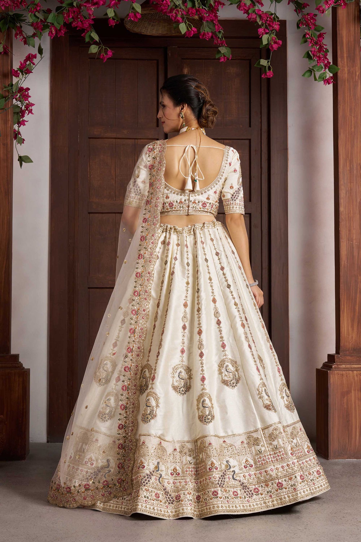 White Silk Peacock Embroidered Wedding Lehenga