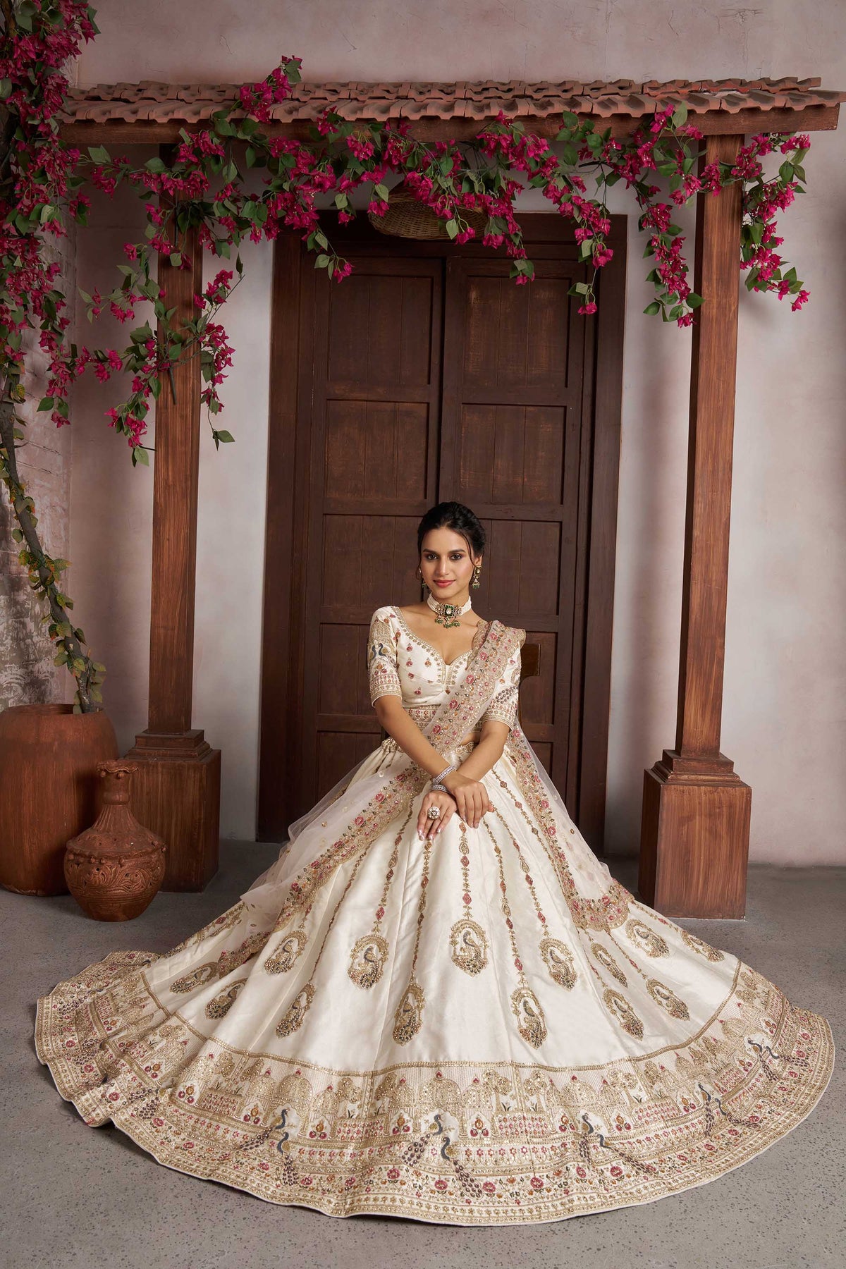 White Silk Peacock Embroidered Wedding Lehenga