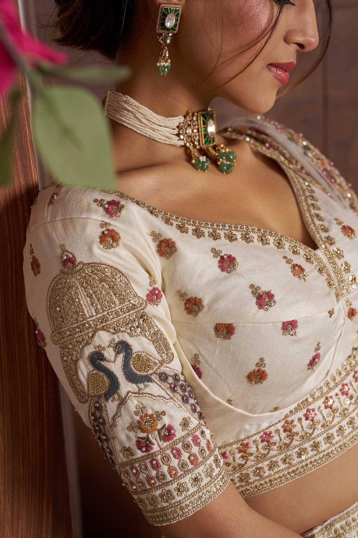 White Silk Peacock Embroidered Wedding Lehenga