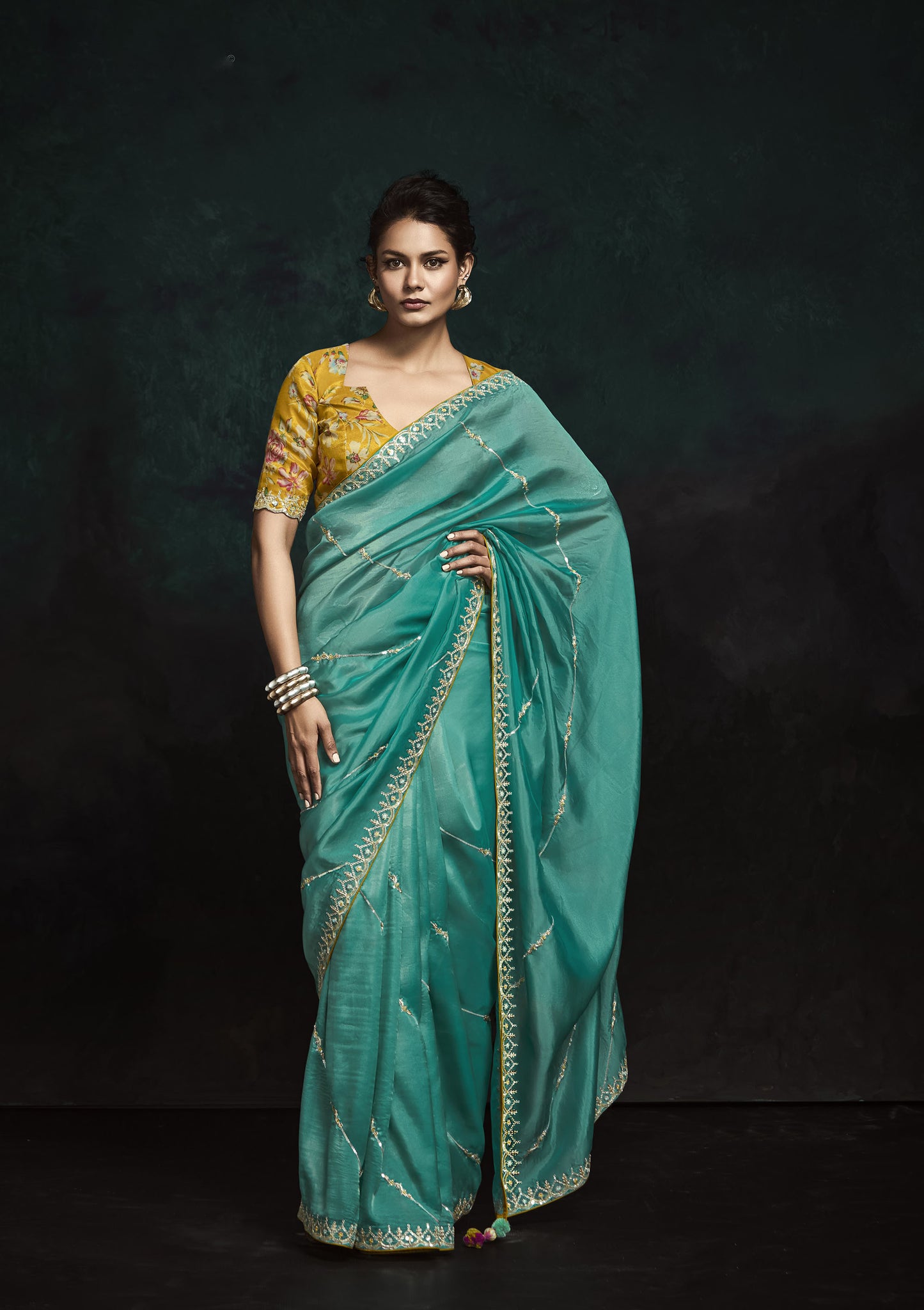 Teal Green Sequins Embroidered Festive Rangat Saree
