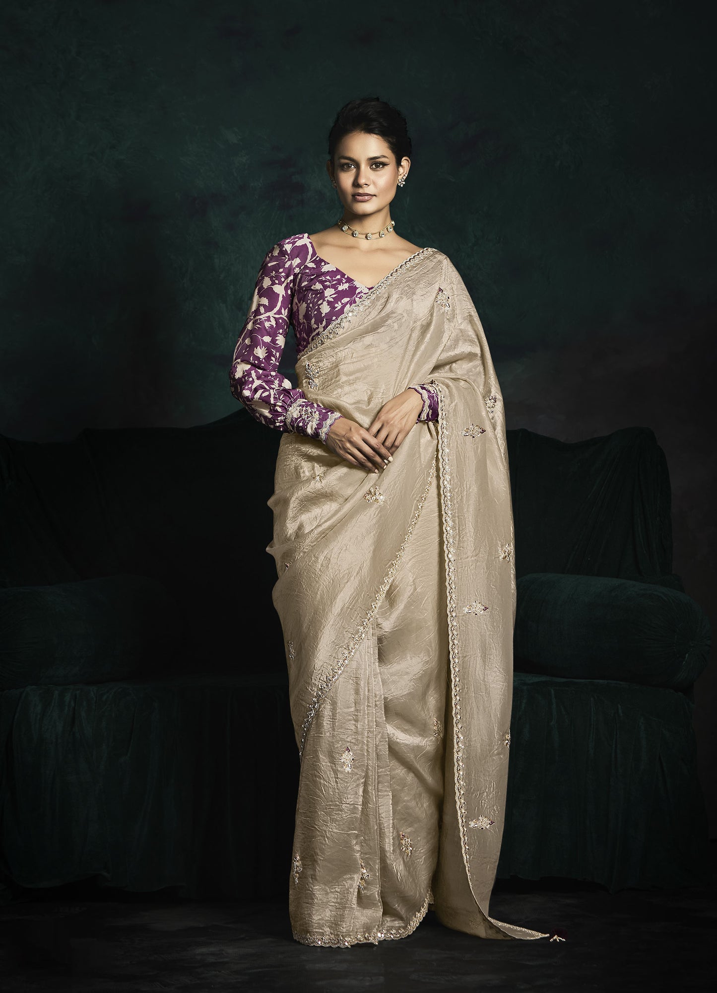 Beige Sequins Embroidered Festive Rangat Saree