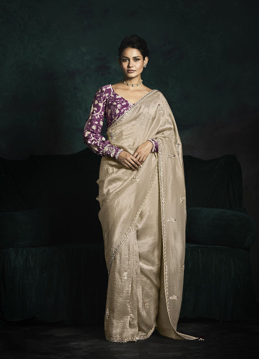 Beige Sequins Embroidered Festive Rangat Saree
