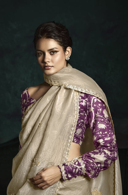 Beige Sequins Embroidered Festive Rangat Saree