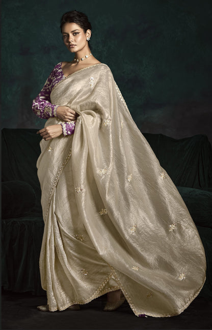 Beige Sequins Embroidered Festive Rangat Saree