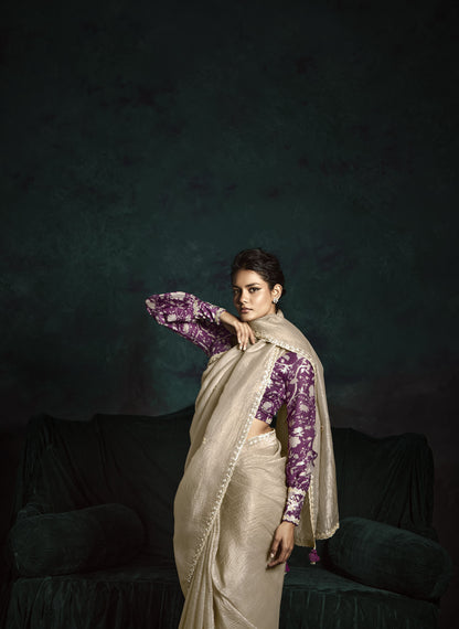 Beige Sequins Embroidered Festive Rangat Saree