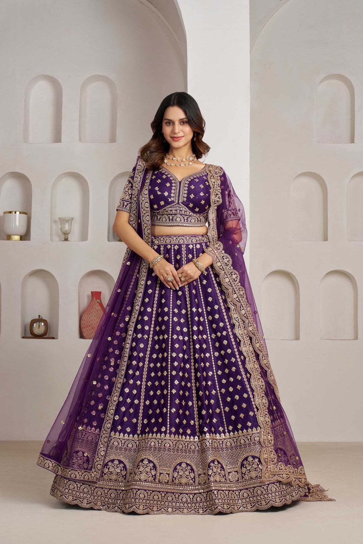 Purple Orange Silk Zari & Sequins Embroidered Bridal Lehenga