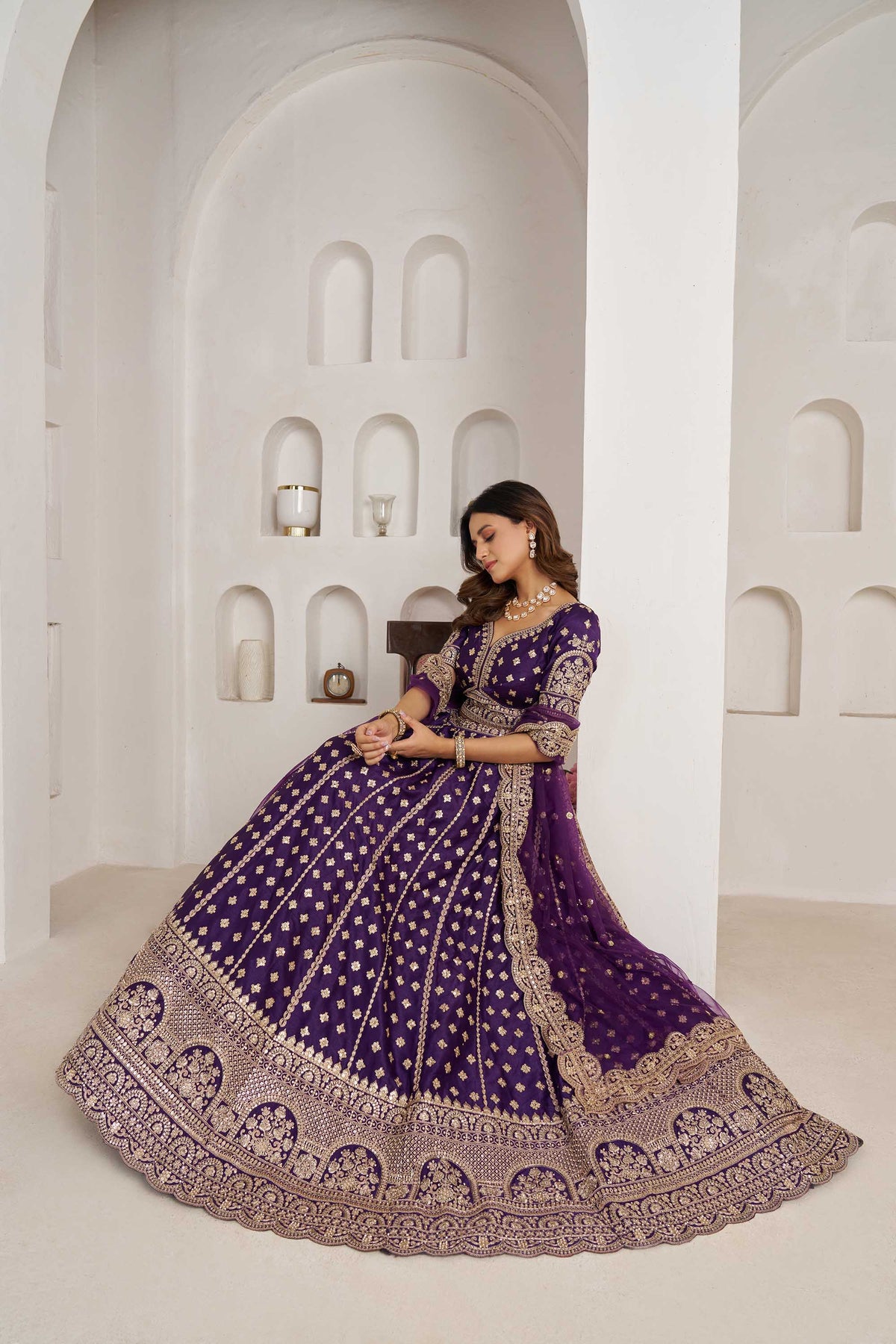 Purple Orange Silk Zari & Sequins Embroidered Bridal Lehenga