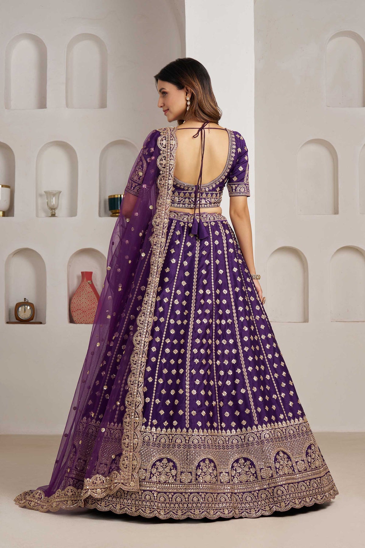 Purple Orange Silk Zari & Sequins Embroidered Bridal Lehenga