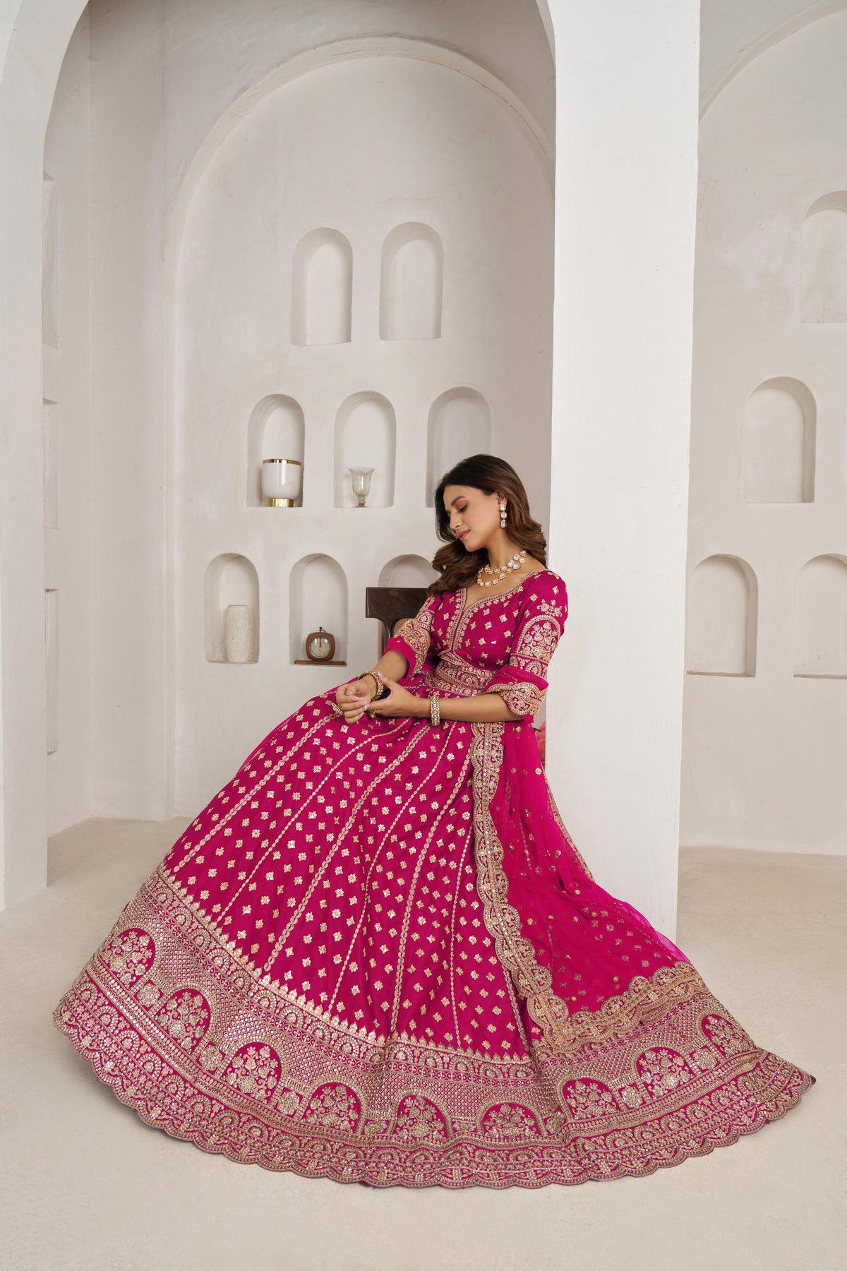 Rani Pink Silk Zari & Sequins Embroidered Bridal Lehenga