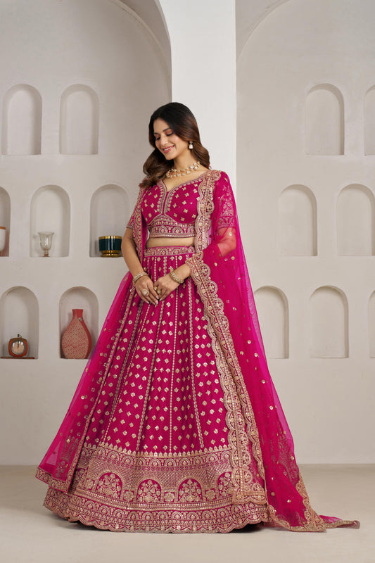 Rani Pink Silk Zari & Sequins Embroidered Bridal Lehenga