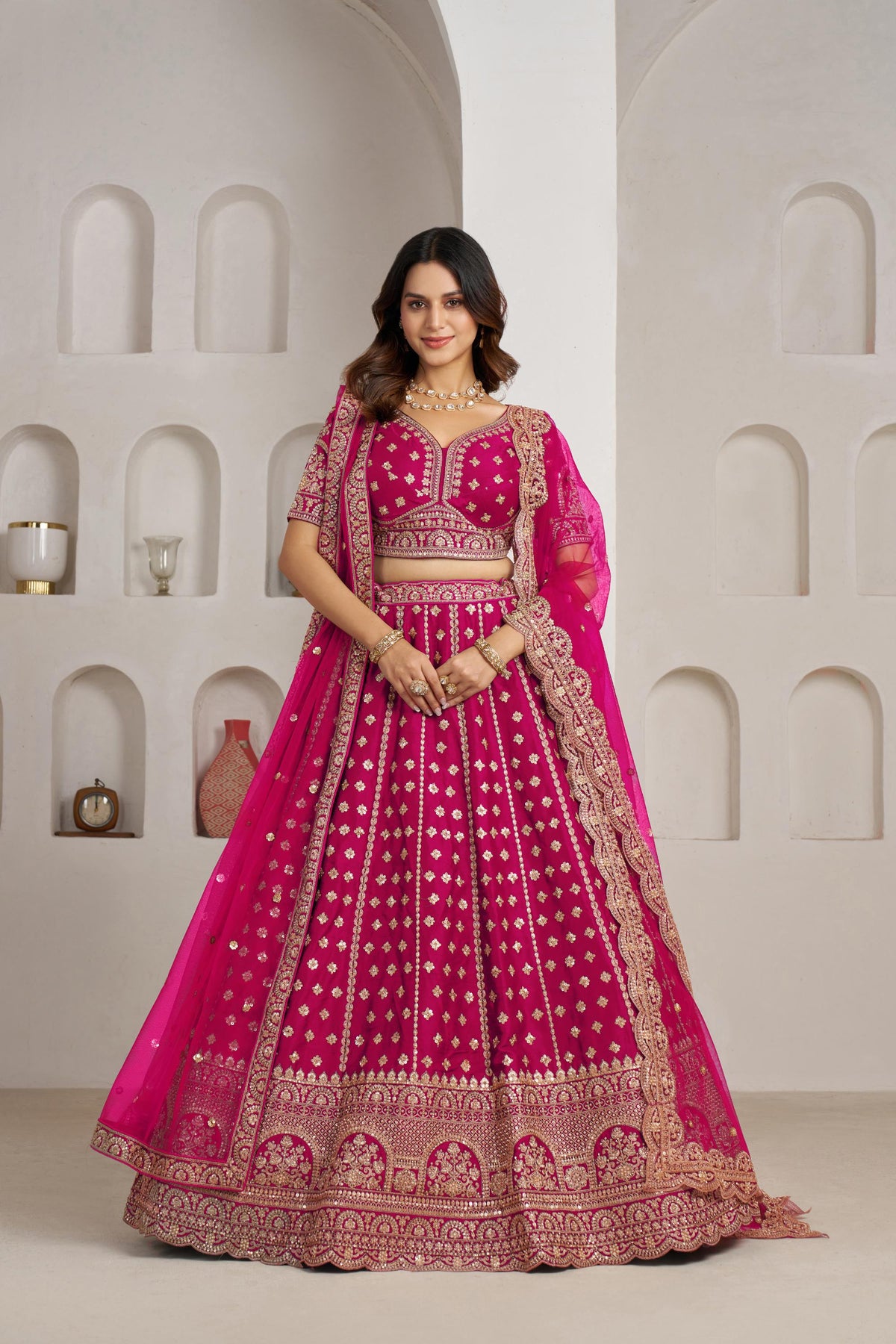 Rani Pink Silk Zari & Sequins Embroidered Bridal Lehenga