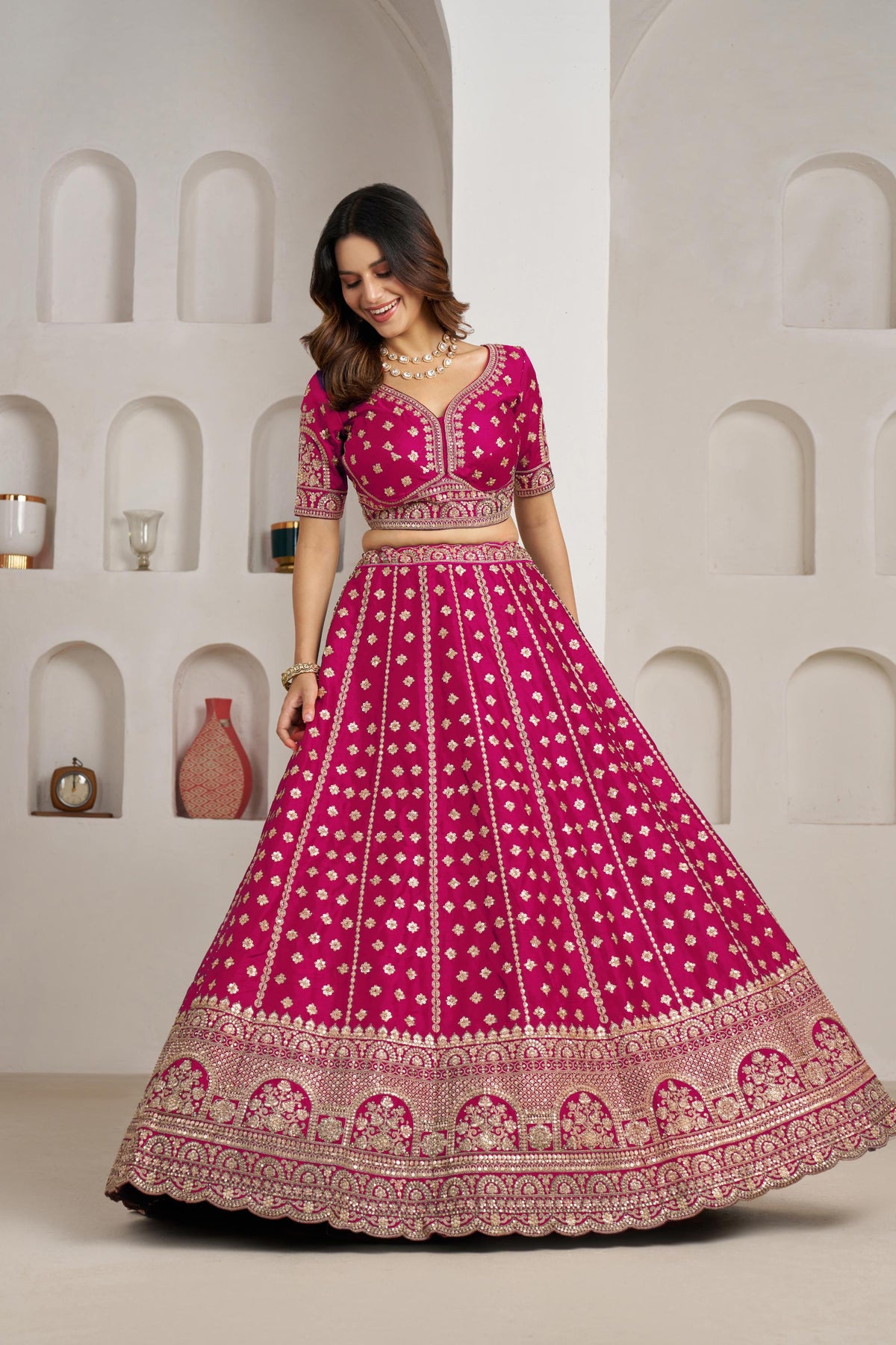 Rani Pink Silk Zari & Sequins Embroidered Bridal Lehenga