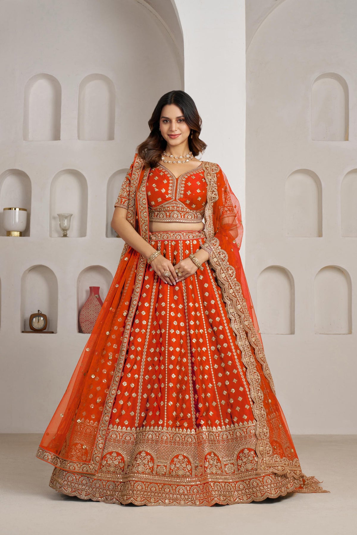 Rust Orange Silk Zari & Sequins Embroidered Bridal Lehenga