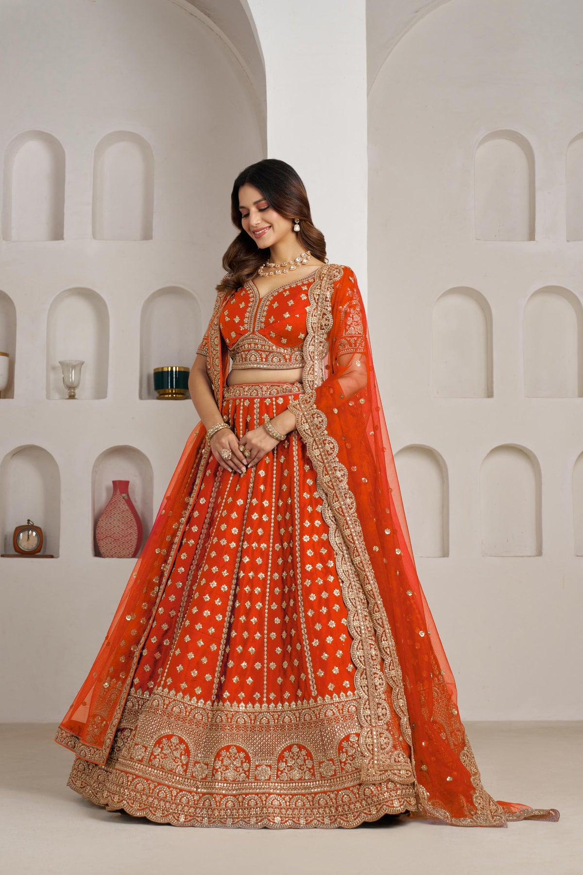 Rust Orange Silk Zari & Sequins Embroidered Bridal Lehenga