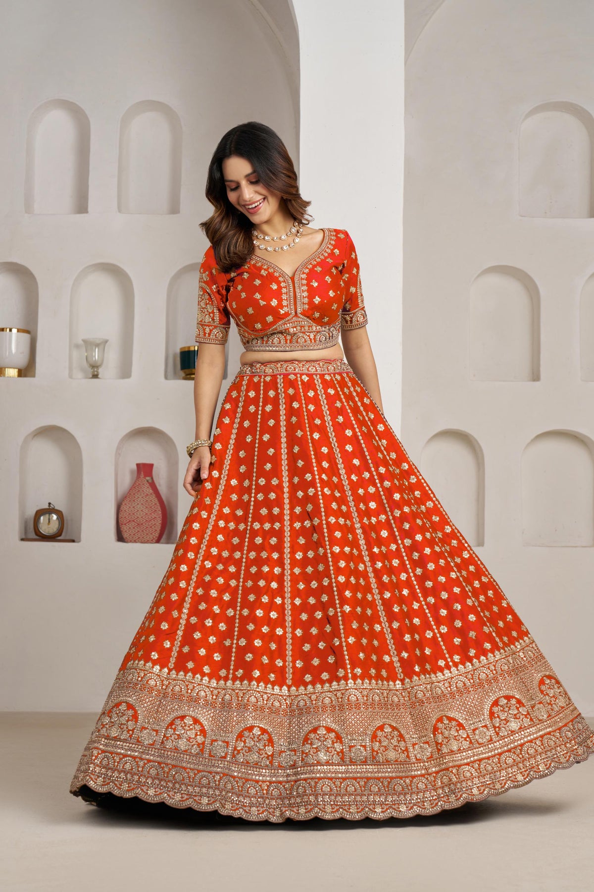 Rust Orange Silk Zari & Sequins Embroidered Bridal Lehenga
