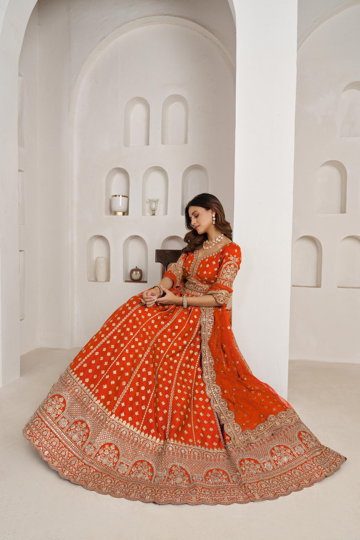 Rust Orange Silk Zari & Sequins Embroidered Bridal Lehenga
