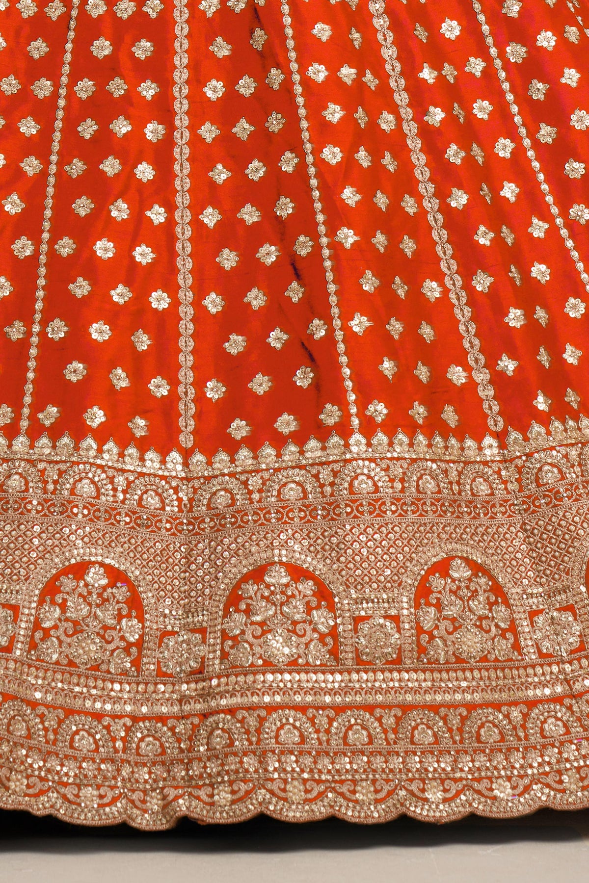 Rust Orange Silk Zari & Sequins Embroidered Bridal Lehenga