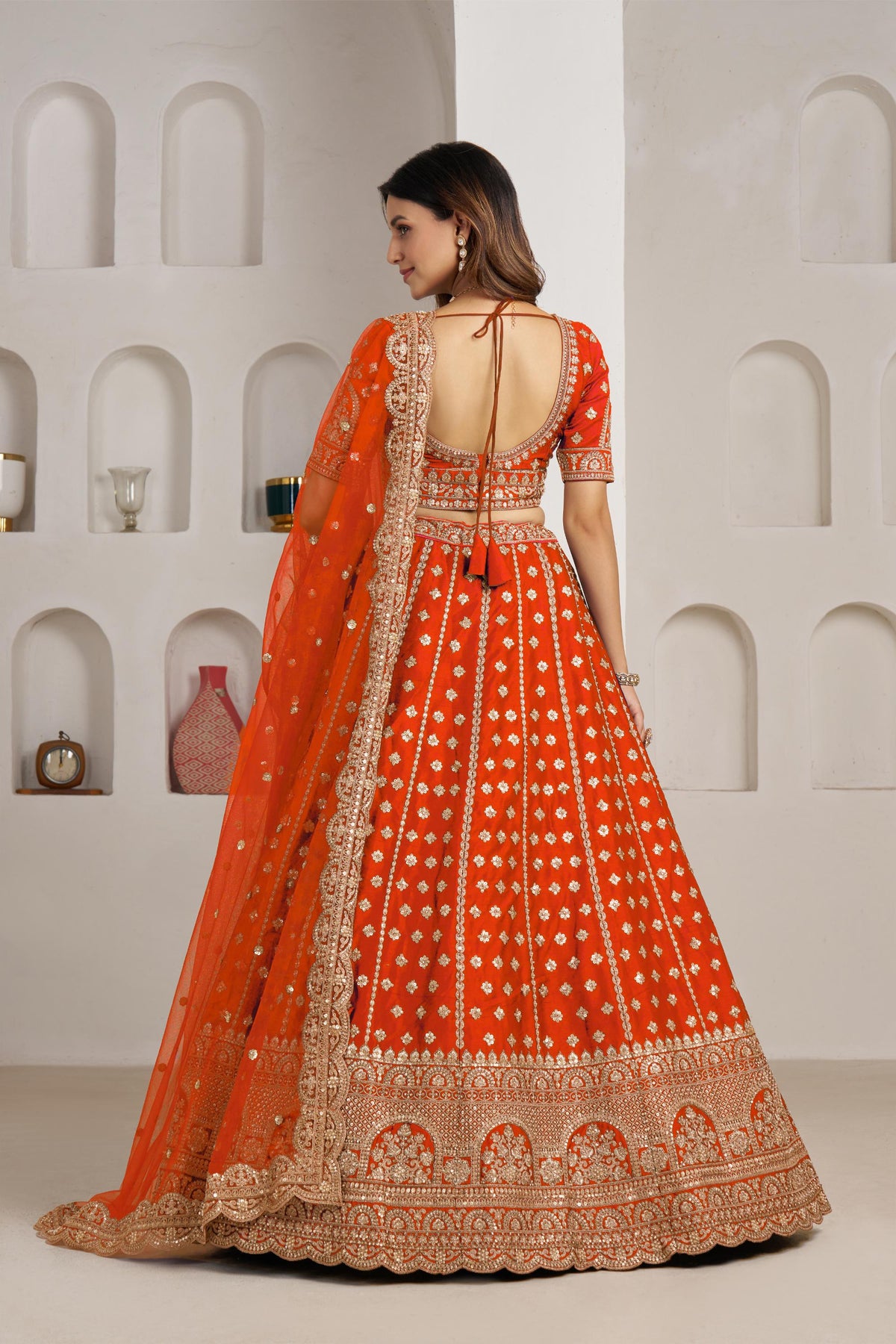 Rust Orange Silk Zari & Sequins Embroidered Bridal Lehenga
