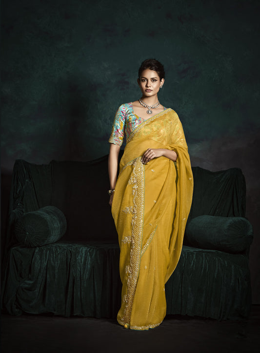 Yellow Sequins Embroidered Festive Rangat Saree