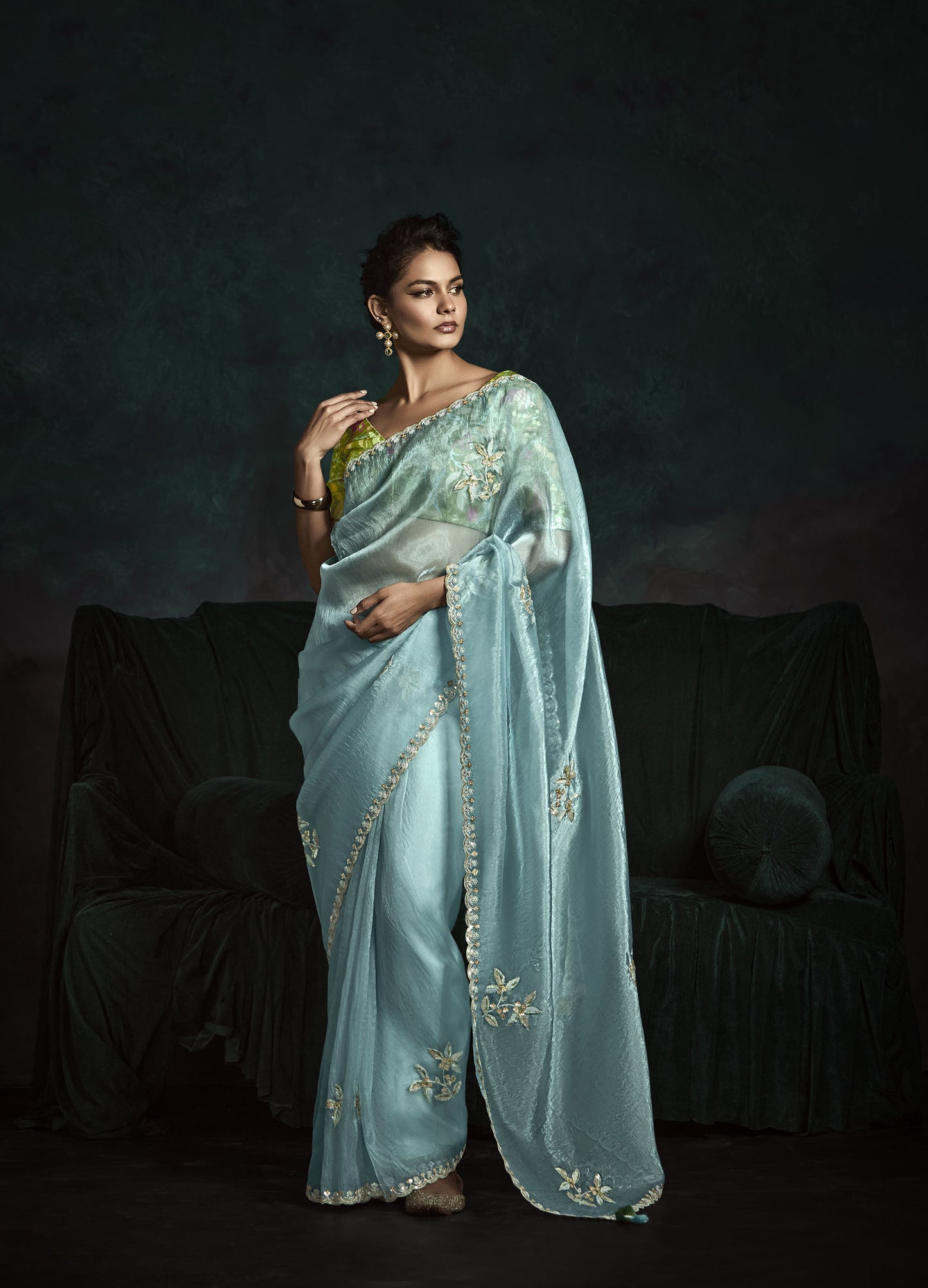 Skyblue Sequins Embroidered Festive Rangat Saree