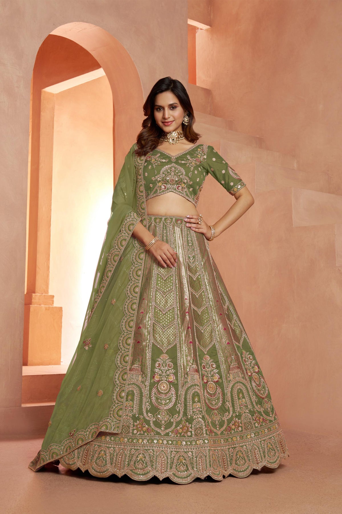 Green Banarasi Zari & Sequins Embroidery Bridesmaid Lehenga for Mehendi