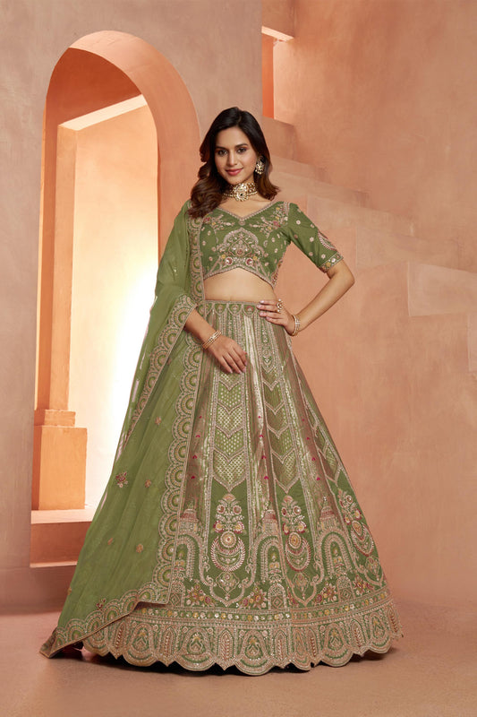 Green Banarasi Zari & Sequins Embroidery Bridesmaid Lehenga for Mehendi