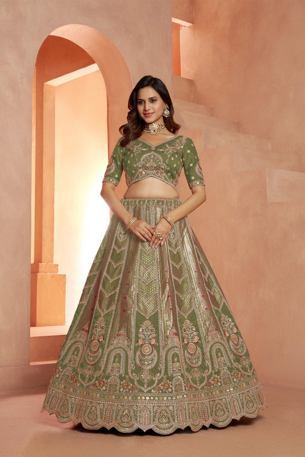 Green Banarasi Zari & Sequins Embroidery Bridesmaid Lehenga for Mehendi
