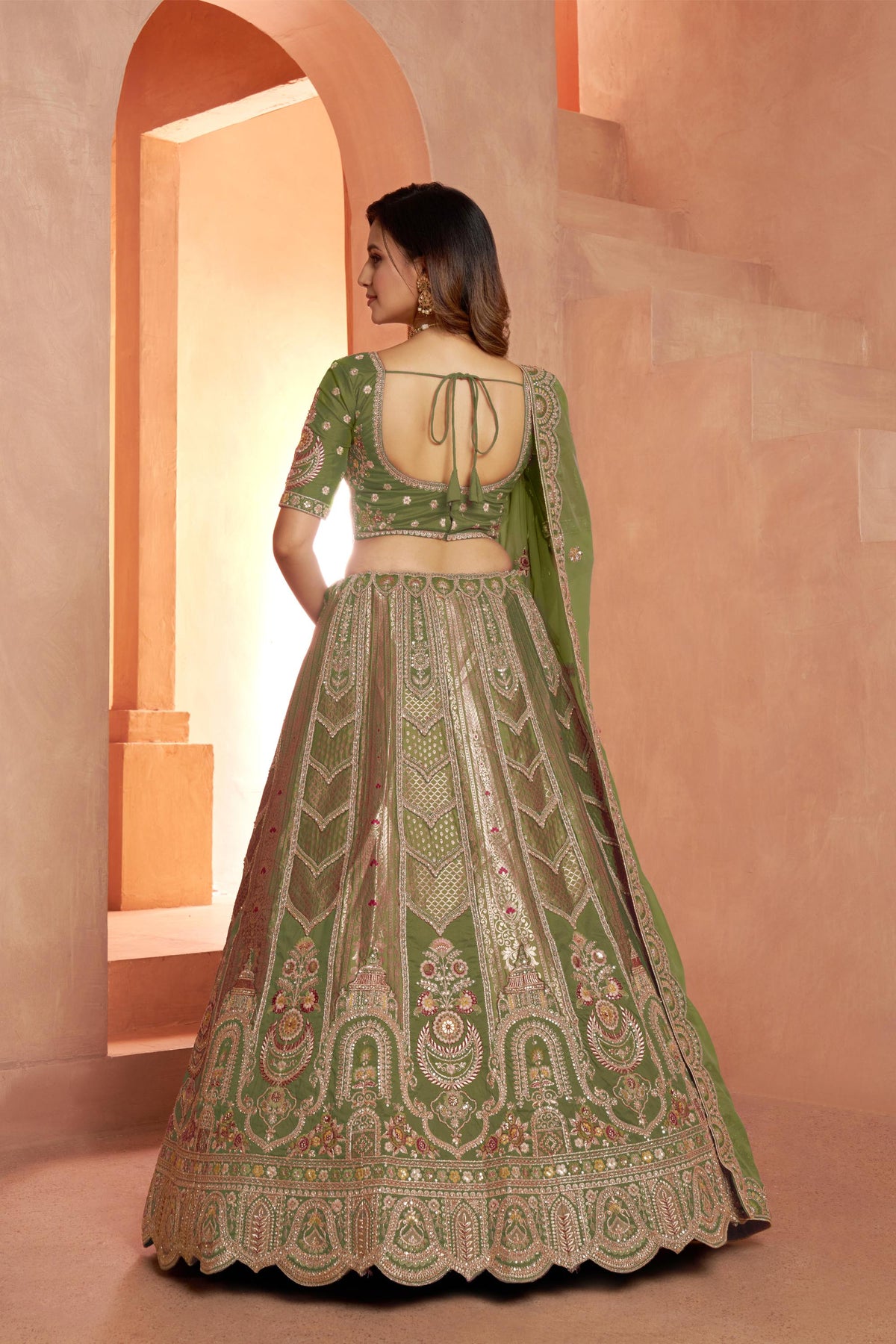 Green Banarasi Zari & Sequins Embroidery Bridesmaid Lehenga for Mehendi
