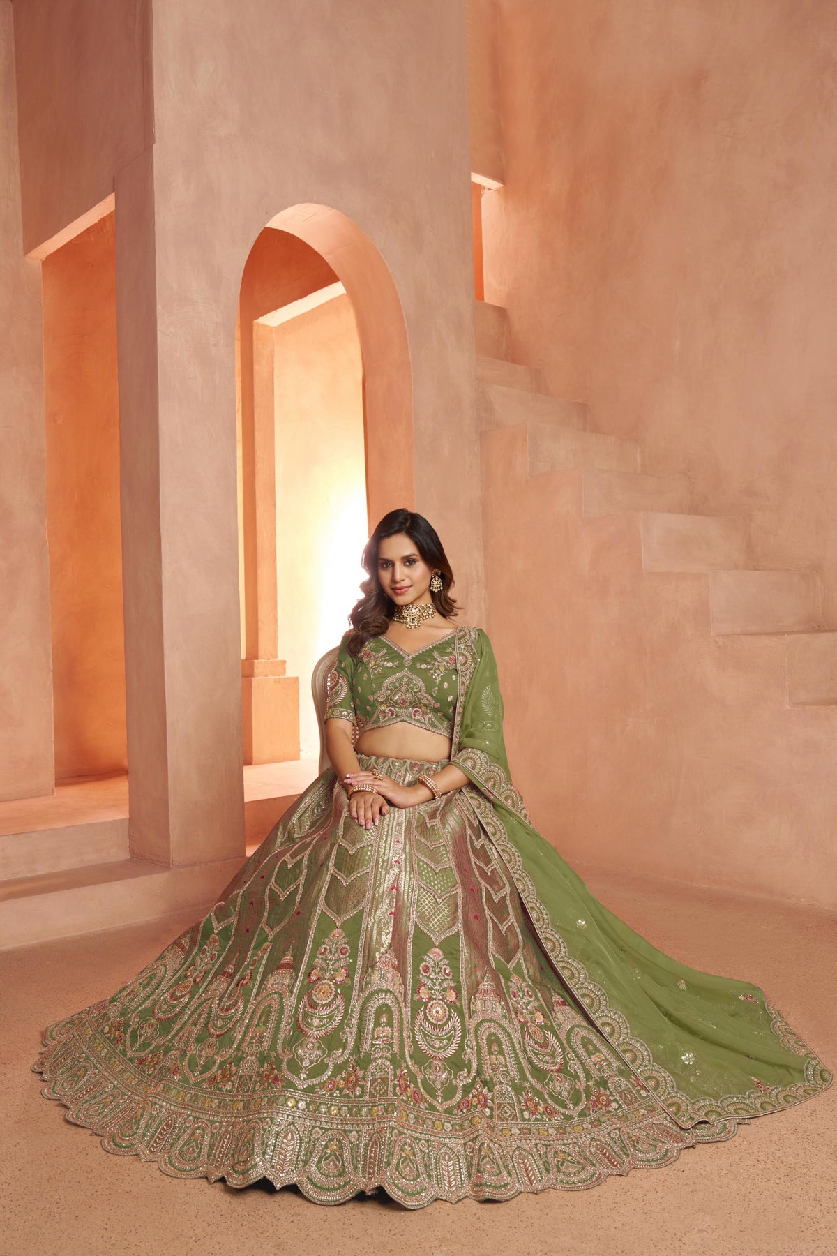 Green Banarasi Zari & Sequins Embroidery Bridesmaid Lehenga for Mehendi
