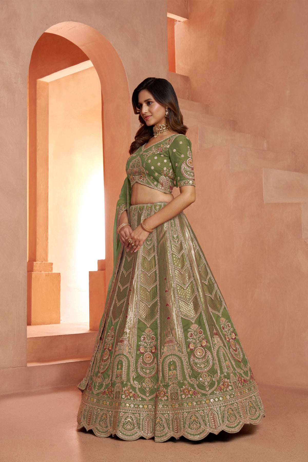 Green Banarasi Zari & Sequins Embroidery Bridesmaid Lehenga for Mehendi