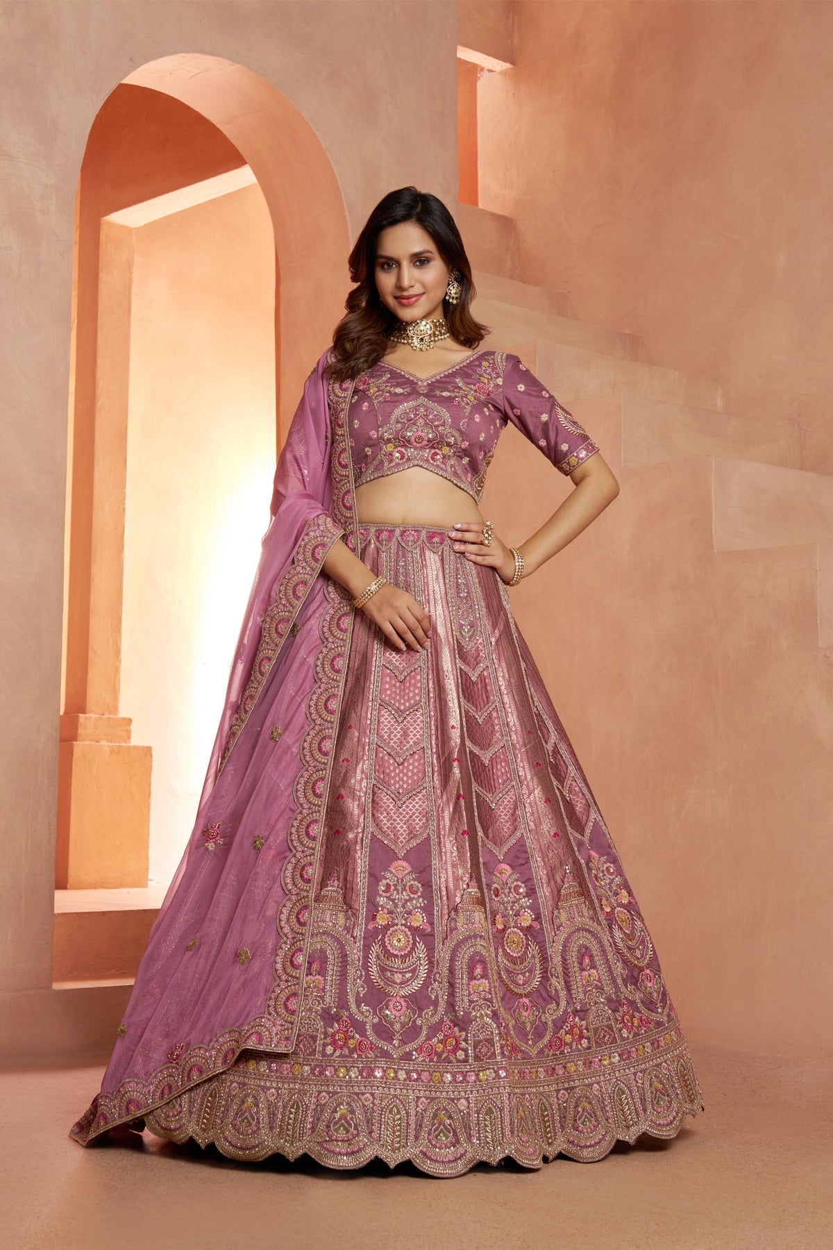 Mauve Banarasi Zari & Sequins Embroidery Bridesmaid Lehenga for Sangeet
