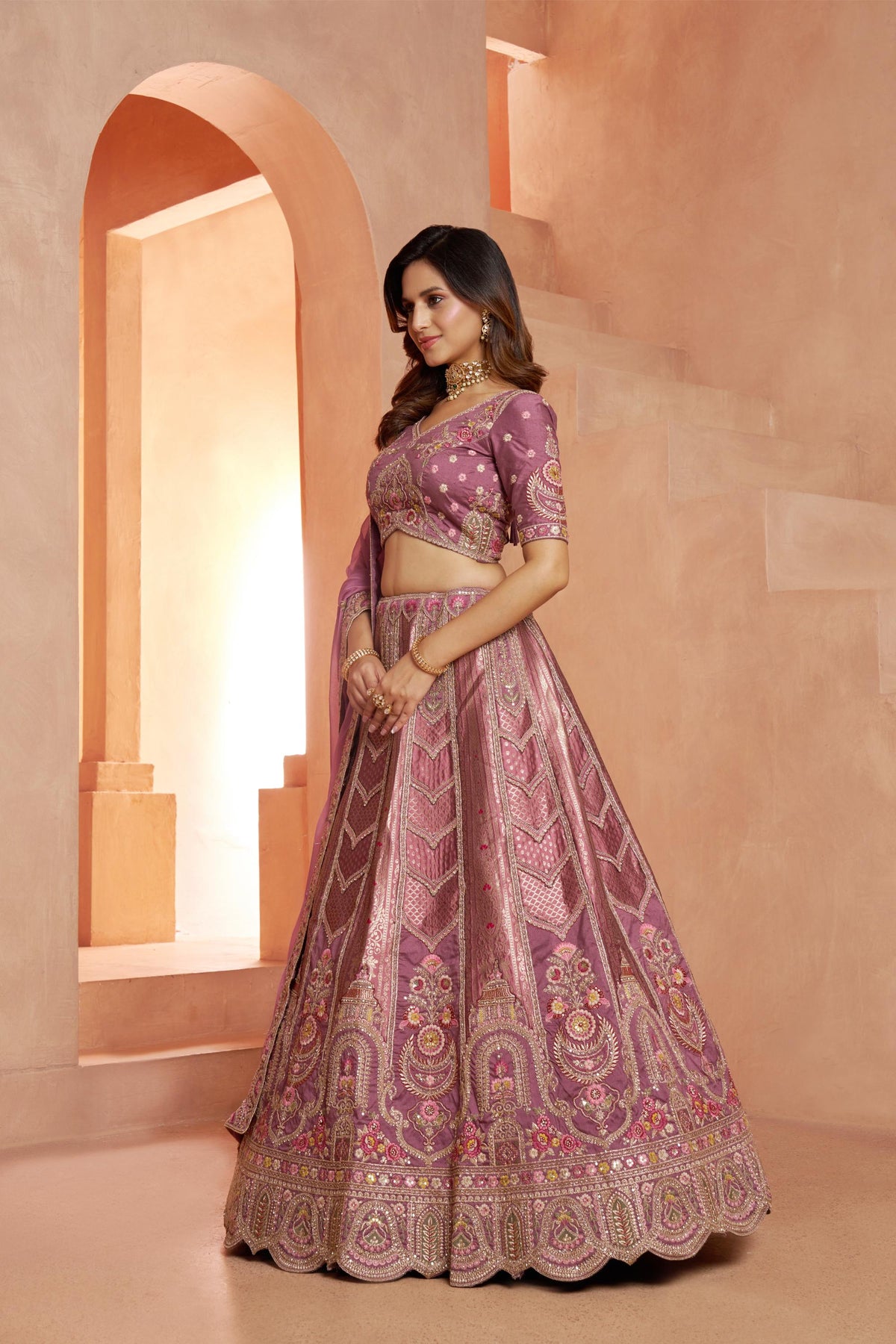 Mauve Banarasi Zari & Sequins Embroidery Bridesmaid Lehenga for Sangeet