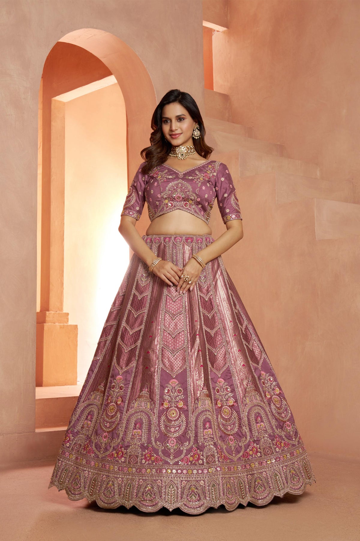 Mauve Banarasi Zari & Sequins Embroidery Bridesmaid Lehenga for Sangeet