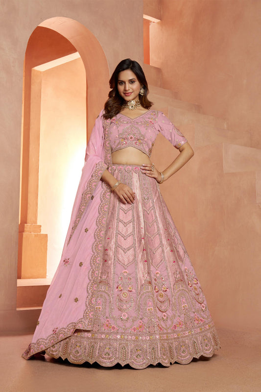 Pink Banarasi Zari And Shimmering Sequins Embroidery Bridal Lehenga for Sangeet