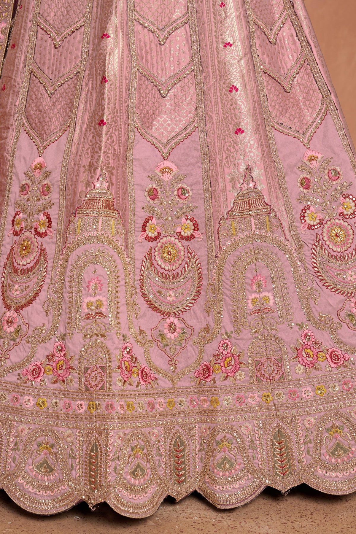 Pink Banarasi Zari And Shimmering Sequins Embroidery Bridal Lehenga for Sangeet