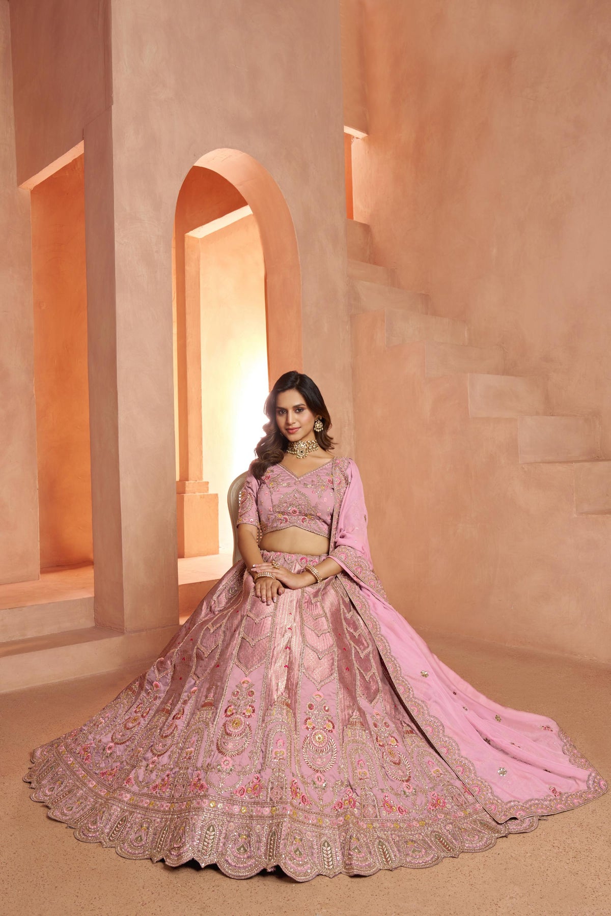 Pink Banarasi Zari And Shimmering Sequins Embroidery Bridal Lehenga for Sangeet