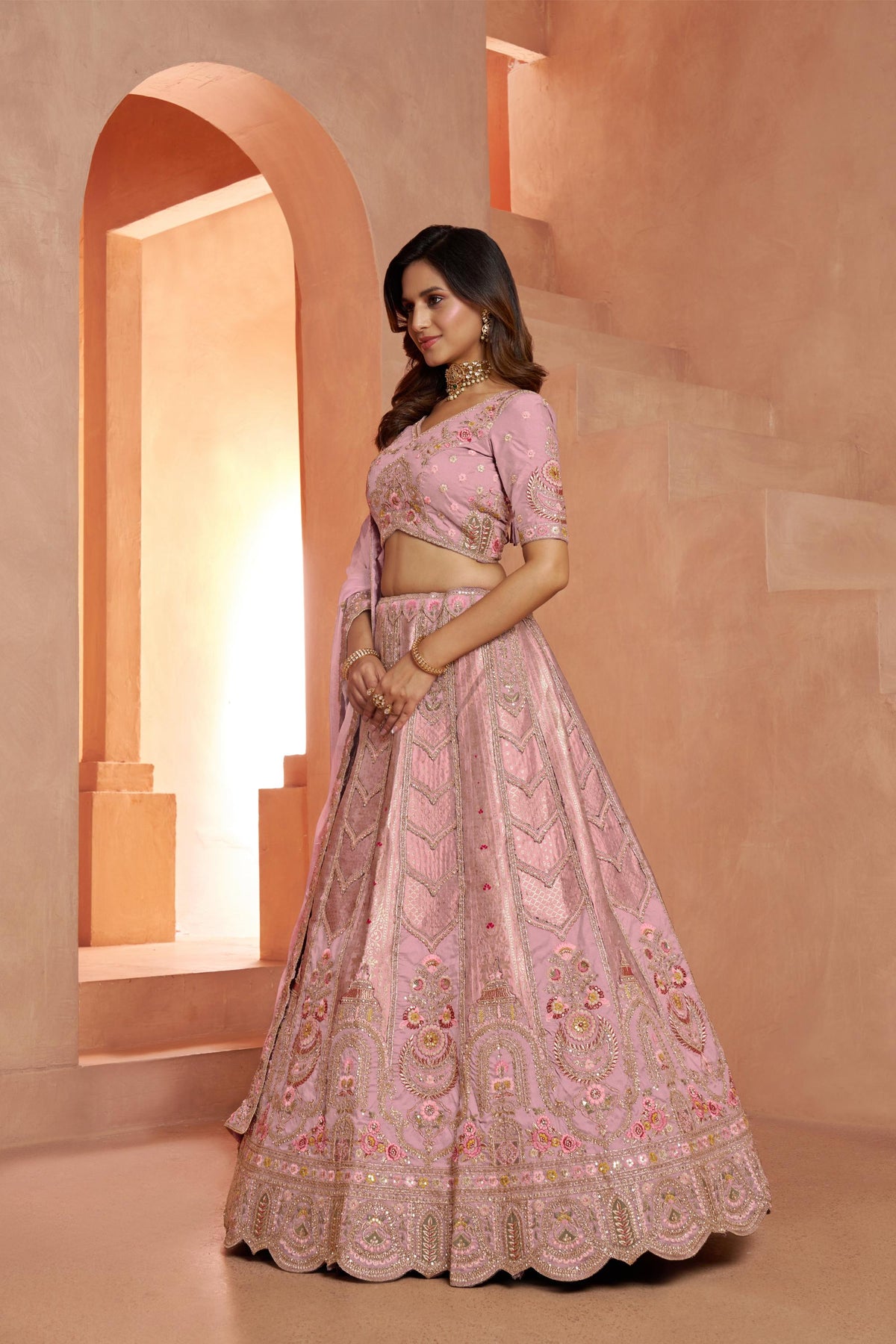 Pink Banarasi Zari And Shimmering Sequins Embroidery Bridal Lehenga for Sangeet