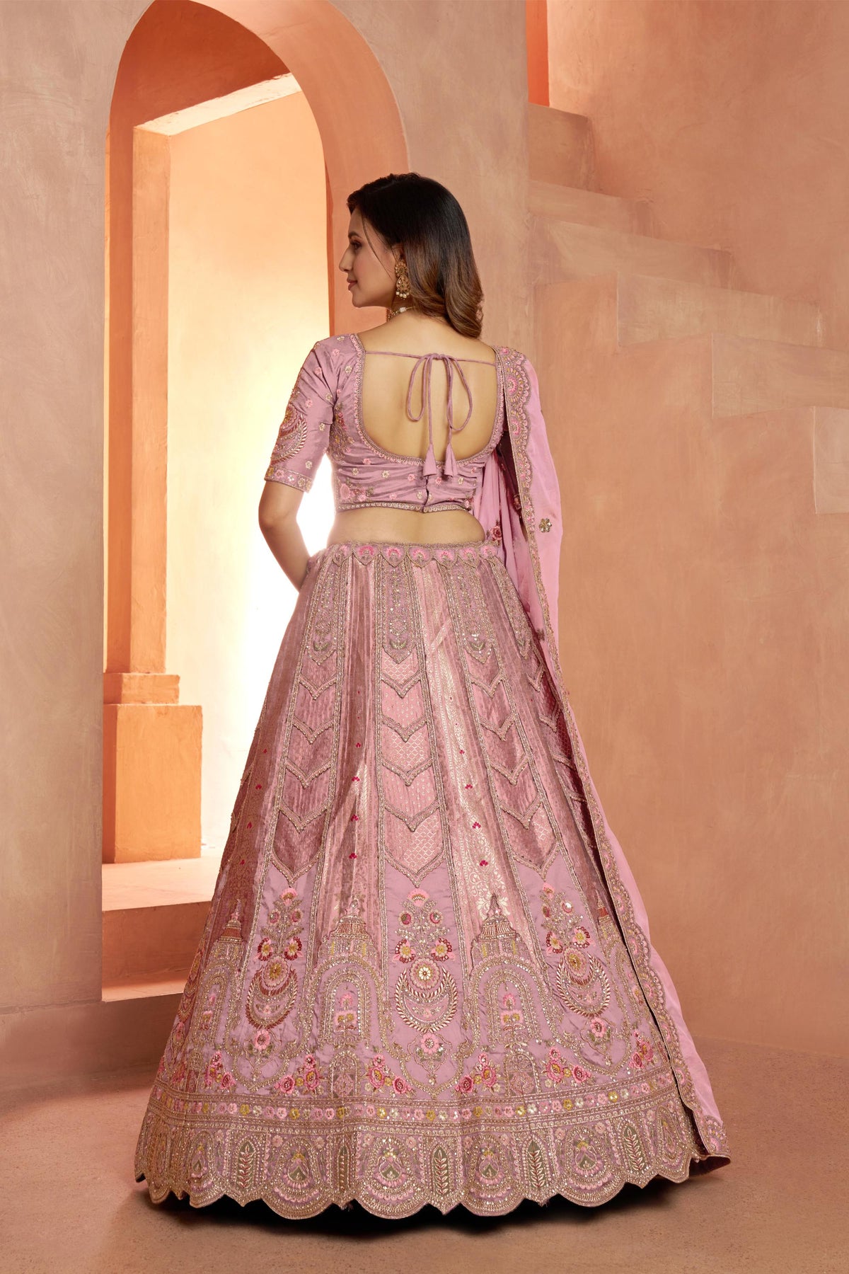 Pink Banarasi Zari And Shimmering Sequins Embroidery Bridal Lehenga for Sangeet