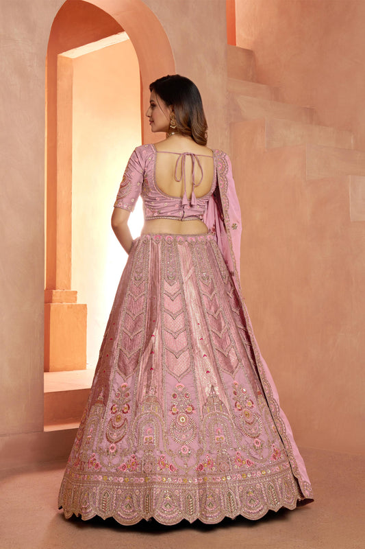 Pink Banarasi Zari And Shimmering Sequins Embroidery Bridal Lehenga for Sangeet